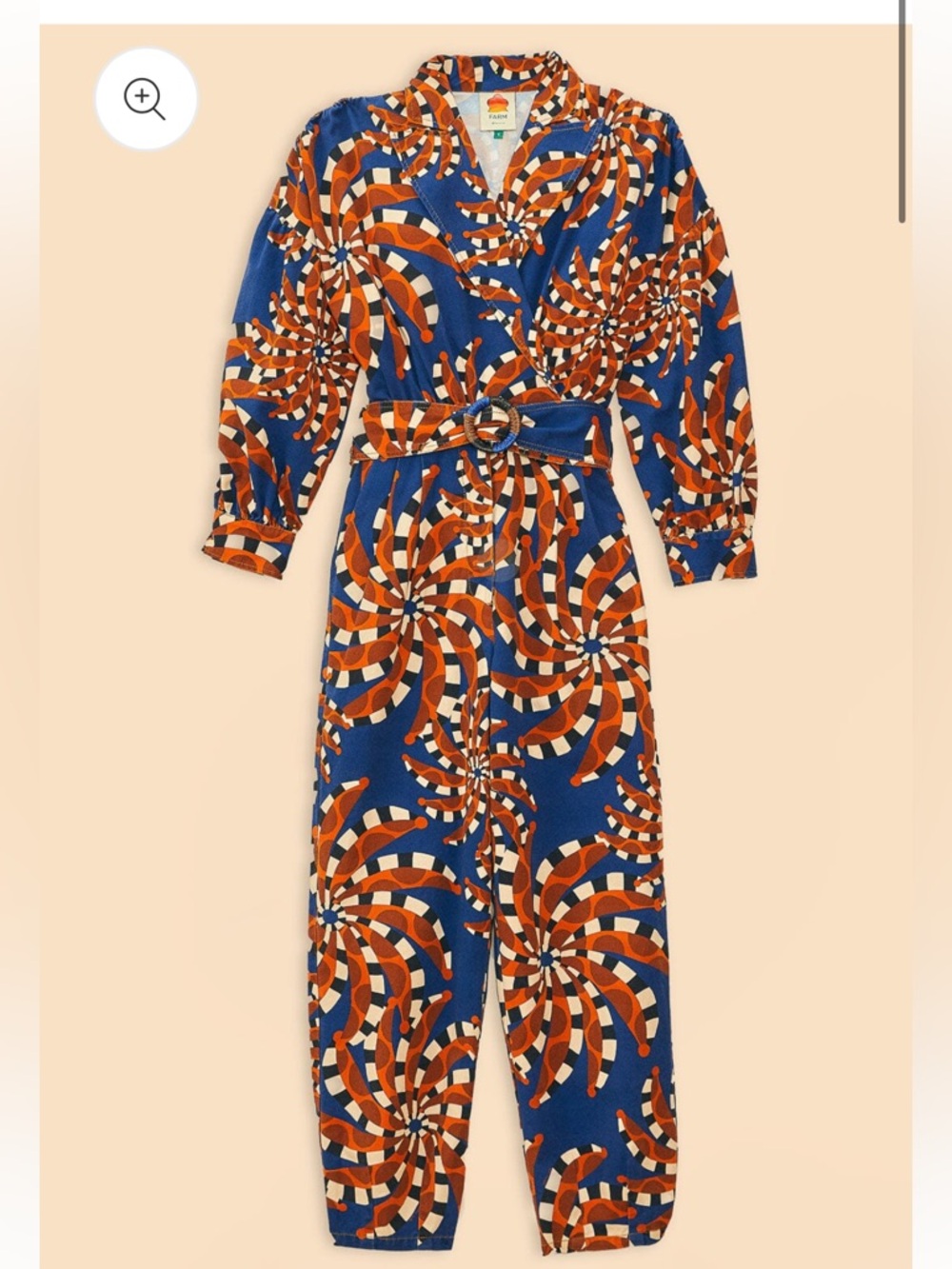 NWT Farm Rio Retro Spiral Print Blue Bandana Belted Jumpsuit in Navy & Rust - Picture 1 of 14
